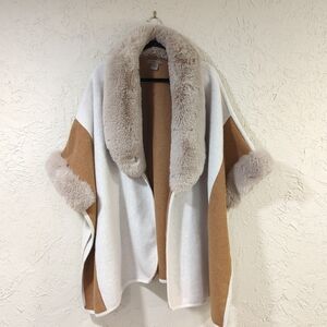 Max Studio Tan & Cream Faux Fur Shawl Pancho - Women's One Size Felt Glam Cozy